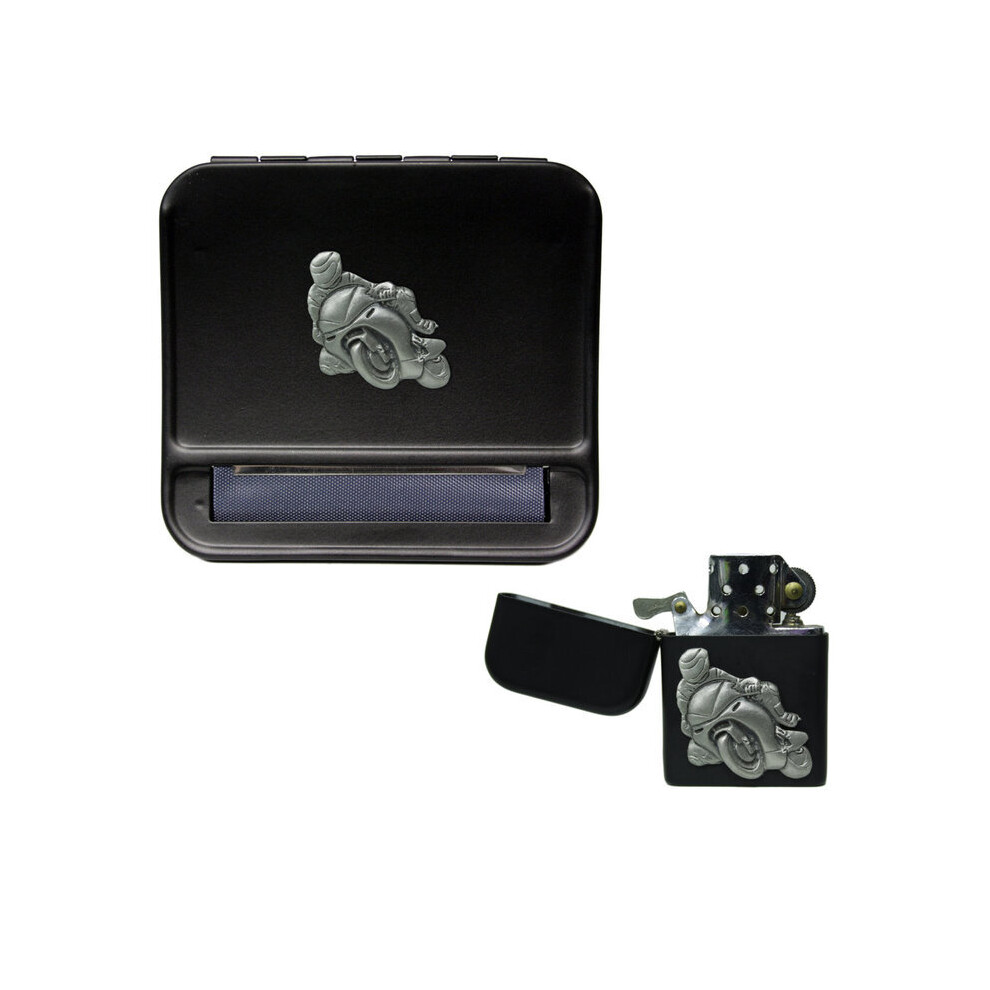 Knight Black Biker Cigarette Rolling Machine And Stormproof Petrol Lighter