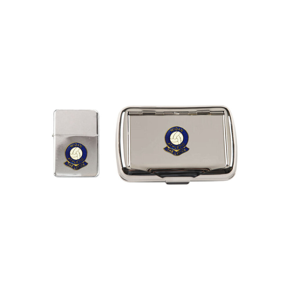 Knight Wigan Athletic Football Club Polished Chrome Tobacco Tin And Stormproof Petrol Lighter