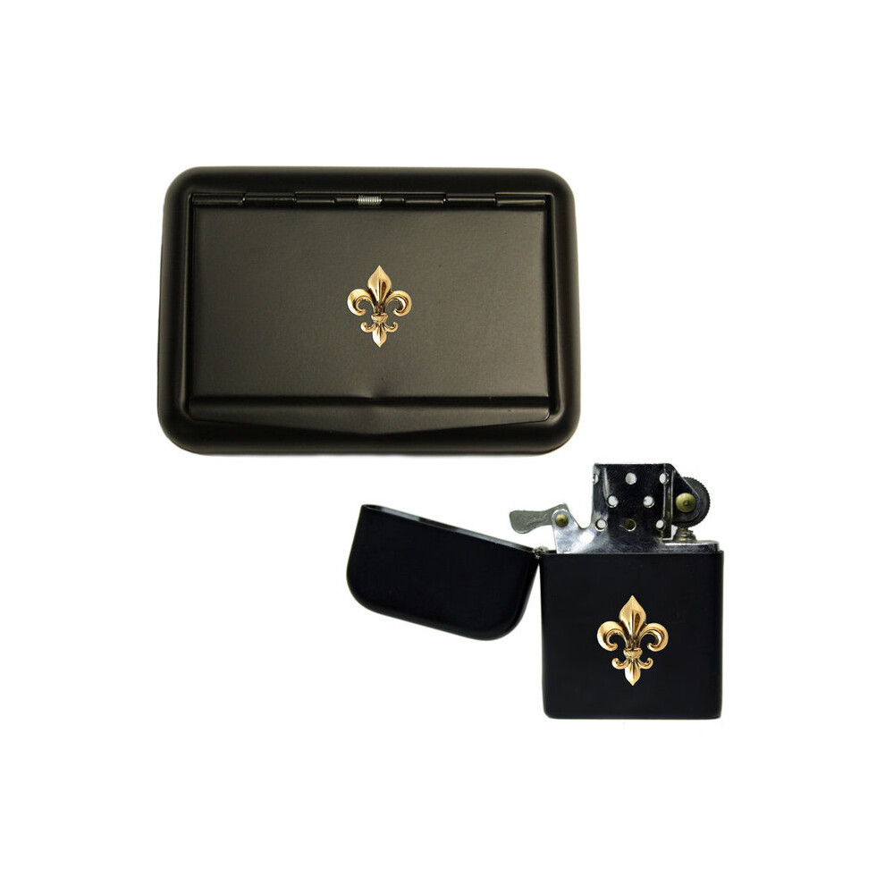 Knight Black Fleur De Lis Matte Tobacco Tin And Stormproof Petrol Lighter