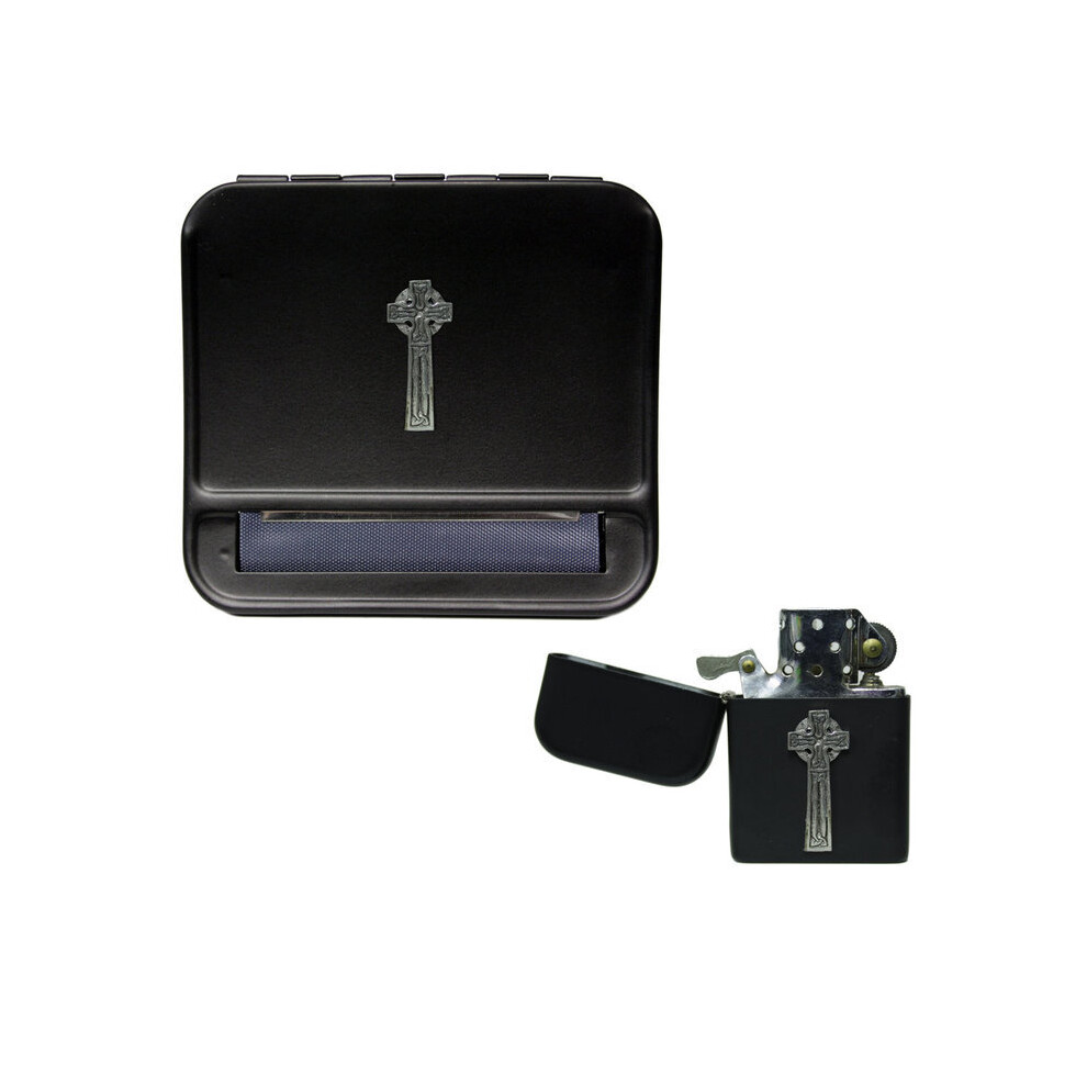 Knight Black Celtic Cross Cigarette Rolling Machine And Stormproof Petrol Lighter