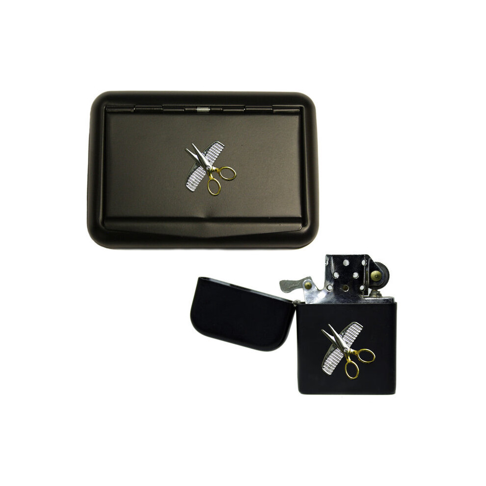 Knight Hair Stylist's Comb And Scissors Matte Black Tobacco Tin And Stormproof Petrol Lighter