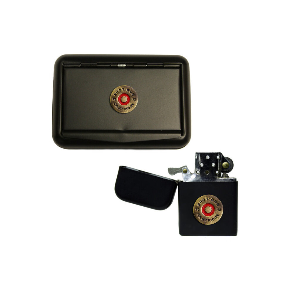 Knight Shotgun Cartridge Matte Black Tobacco Tin And Stormproof Petrol Lighter