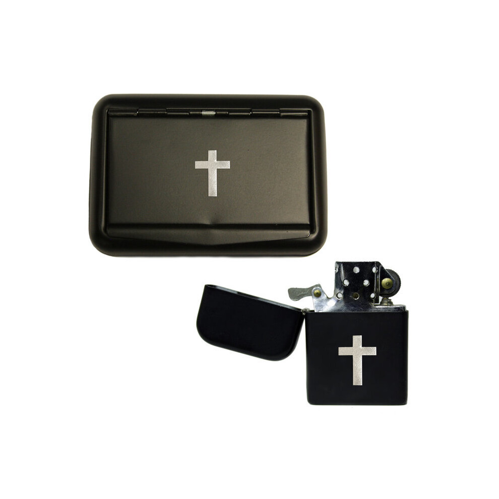 Knight Silver Latin Cross Matte Black Tobacco Tin And Stormproof Petrol Lighter