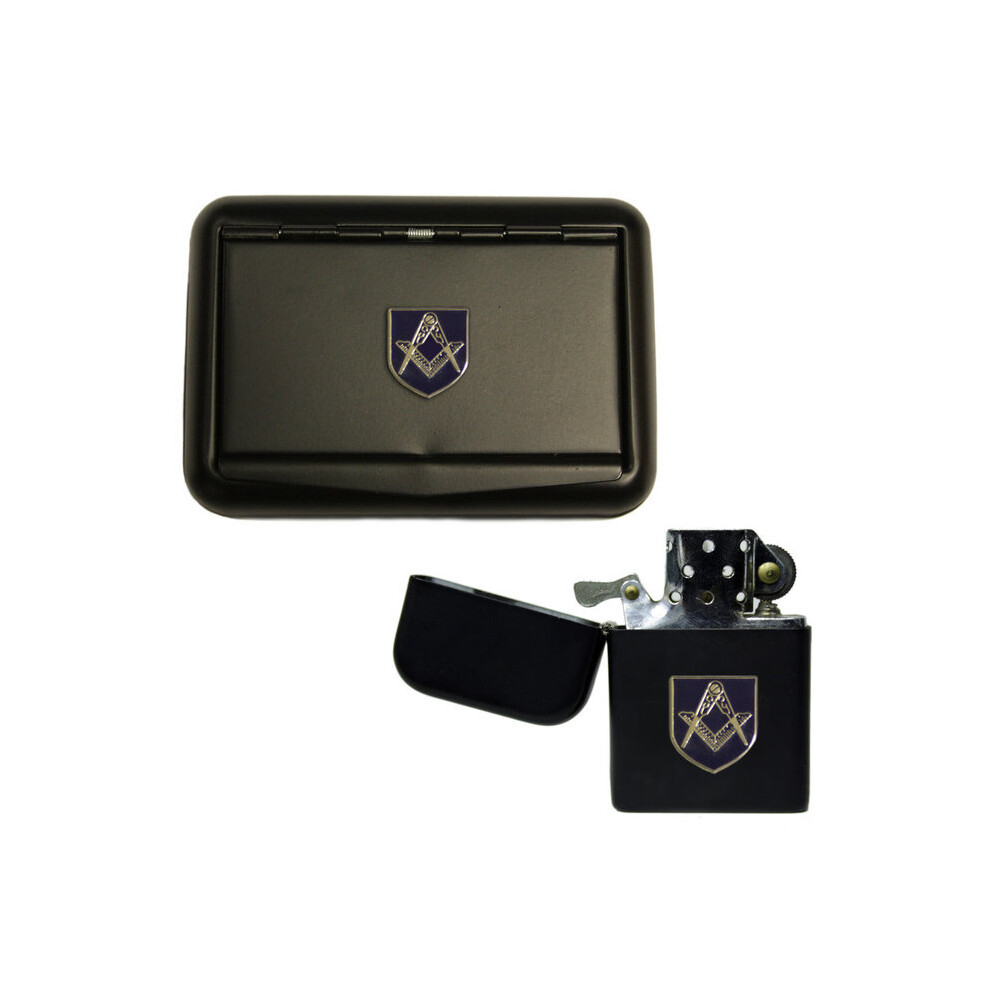 Knight Black Masonic Matte Tobacco Tin And Stormproof Petrol Lighter