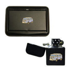 VW camper van matte black tobacco tin and stormproof petrol lighter