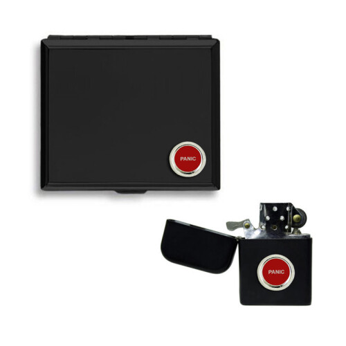 Panic button matte black cigarette case and stormproof petrol lighter