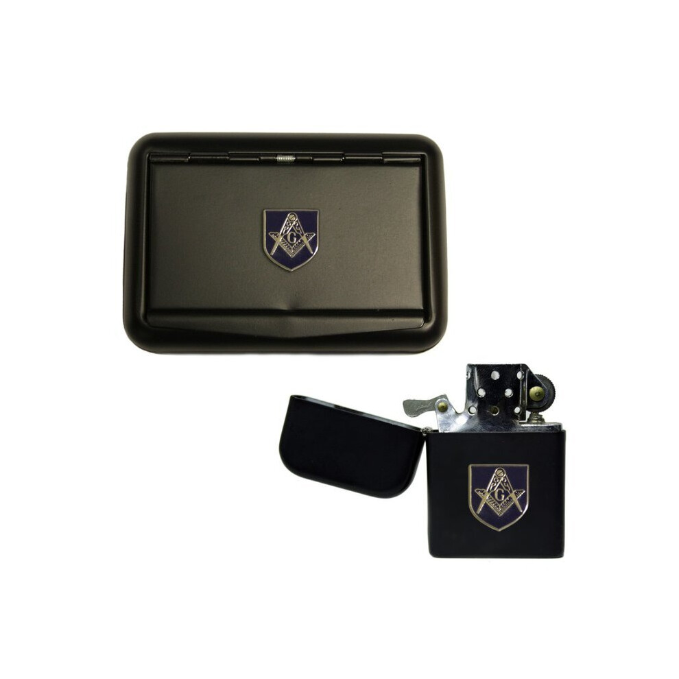 Knight Black Masonic G Matte Tobacco Tin And Stormproof Petrol Lighter