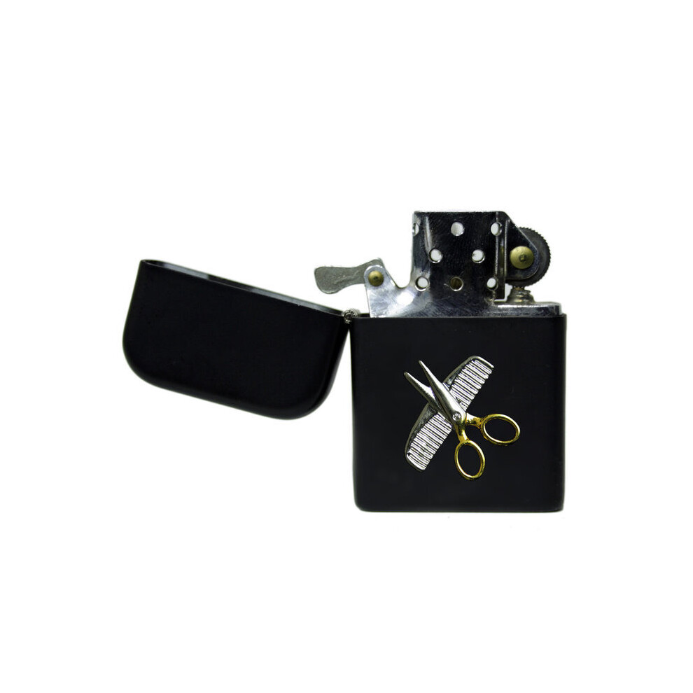 Knight Hair Stylist's Comb And Scissors Matte Black Stormproof Petrol Lighter