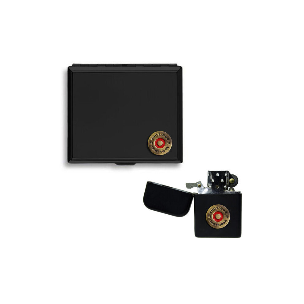 Knight Shotgun Cartridge Matte Black Cigarette Case And Stormproof Petrol Lighter