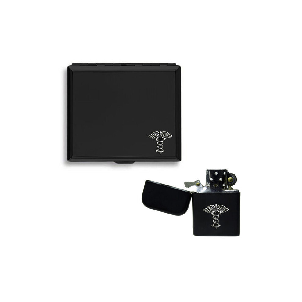 Knight Black Caduceus Medical Symbol Matte Cigarette Case And Stormproof Petrol Lighter