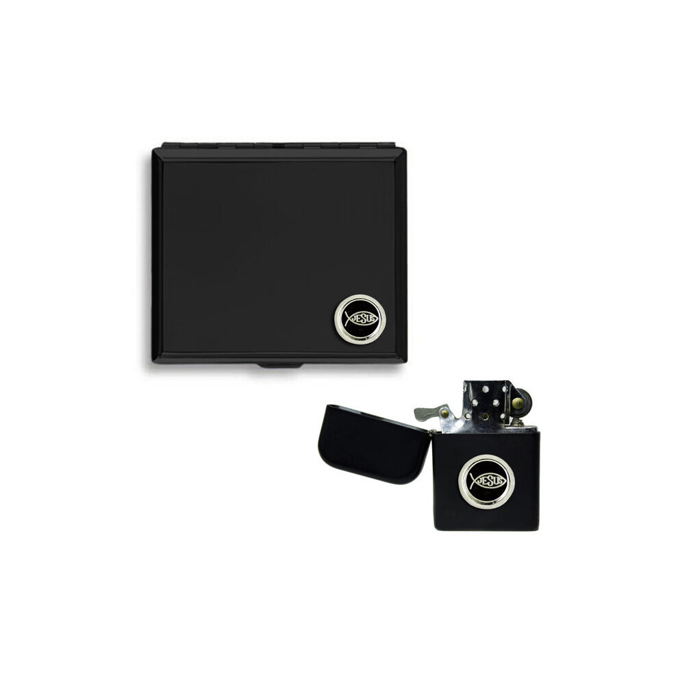 Knight Black Ichthus Matte Cigarette Case And Stormproof Petrol Lighter
