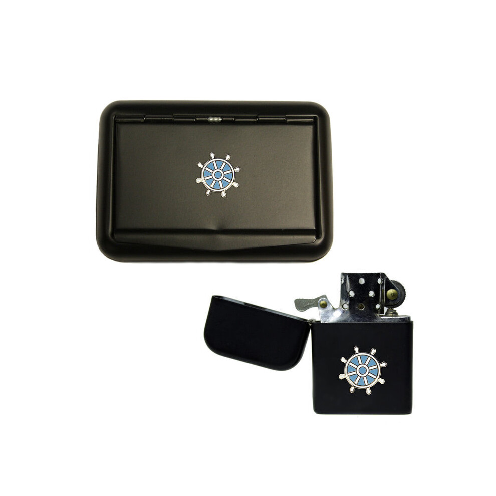 Knight Black Nautical Ship's Wheel Matte Tobacco Tin And Stormproof Petrol Lighter