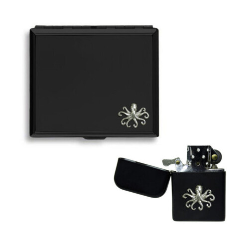 Roman octopus matte black cigarette case and stormproof petrol lighter