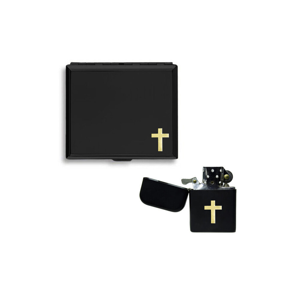 Knight Gold/Black Latin Cross Matte Cigarette Case And Stormproof Petrol Lighter