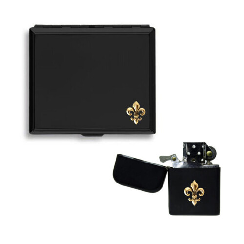Fleur de lis matte black cigarette case and stormproof petrol lighter