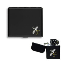Hair stylist's comb and scissors matte black cigarette case and stormproof petrol lighter