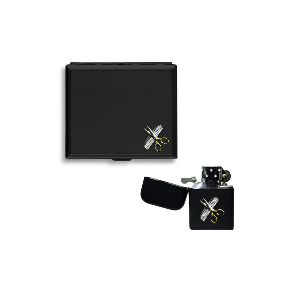 Knight Hair Stylist's Comb And Scissors Matte Black Cigarette Case And Stormproof Petrol Lighter