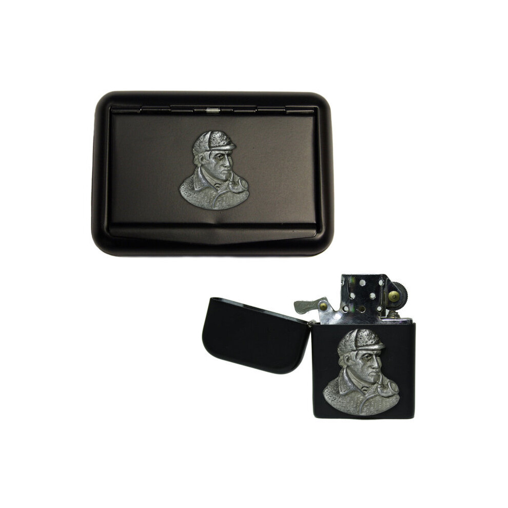 Knight Black Sherlock Holmes Matte Tobacco Tin And Stormproof Petrol Lighter