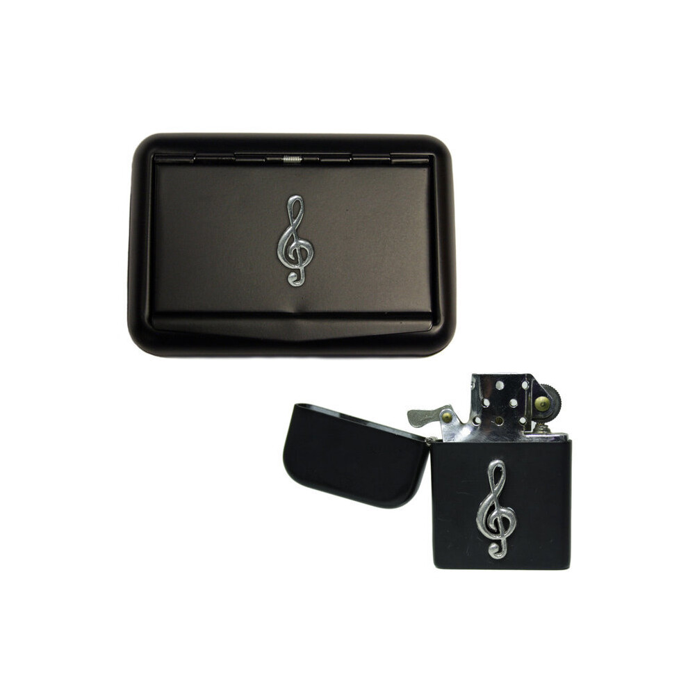 Knight Treble Clef Music Symbol Matte Black Tobacco Tin And Stormproof Petrol Lighter