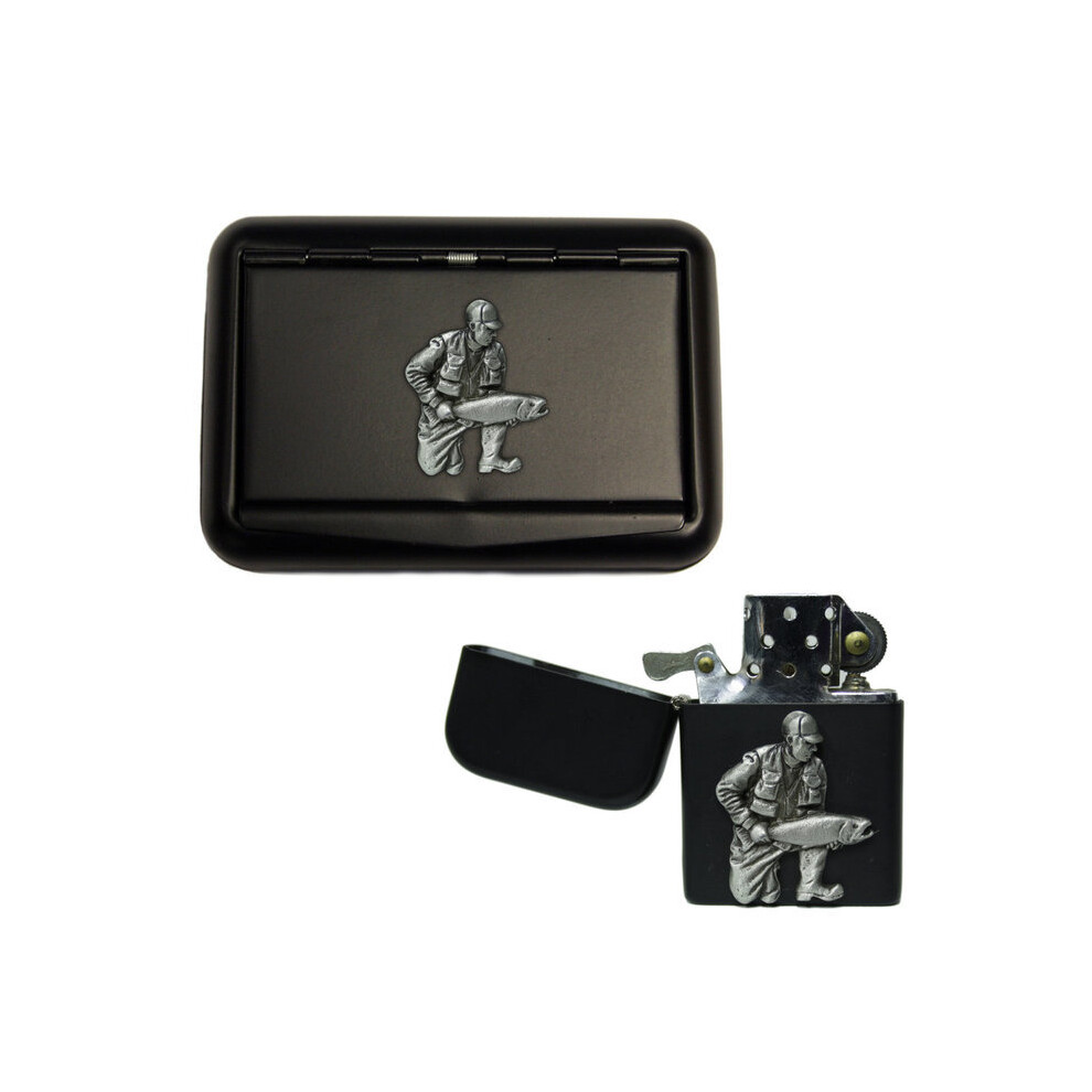 Knight Black Fisherman Matte Tobacco Tin And Stormproof Petrol Lighter