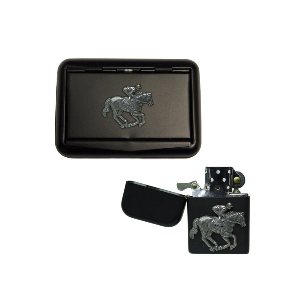 Knight Black Horse Racing Matte Tobacco Tin And Stormproof Petrol Lighter