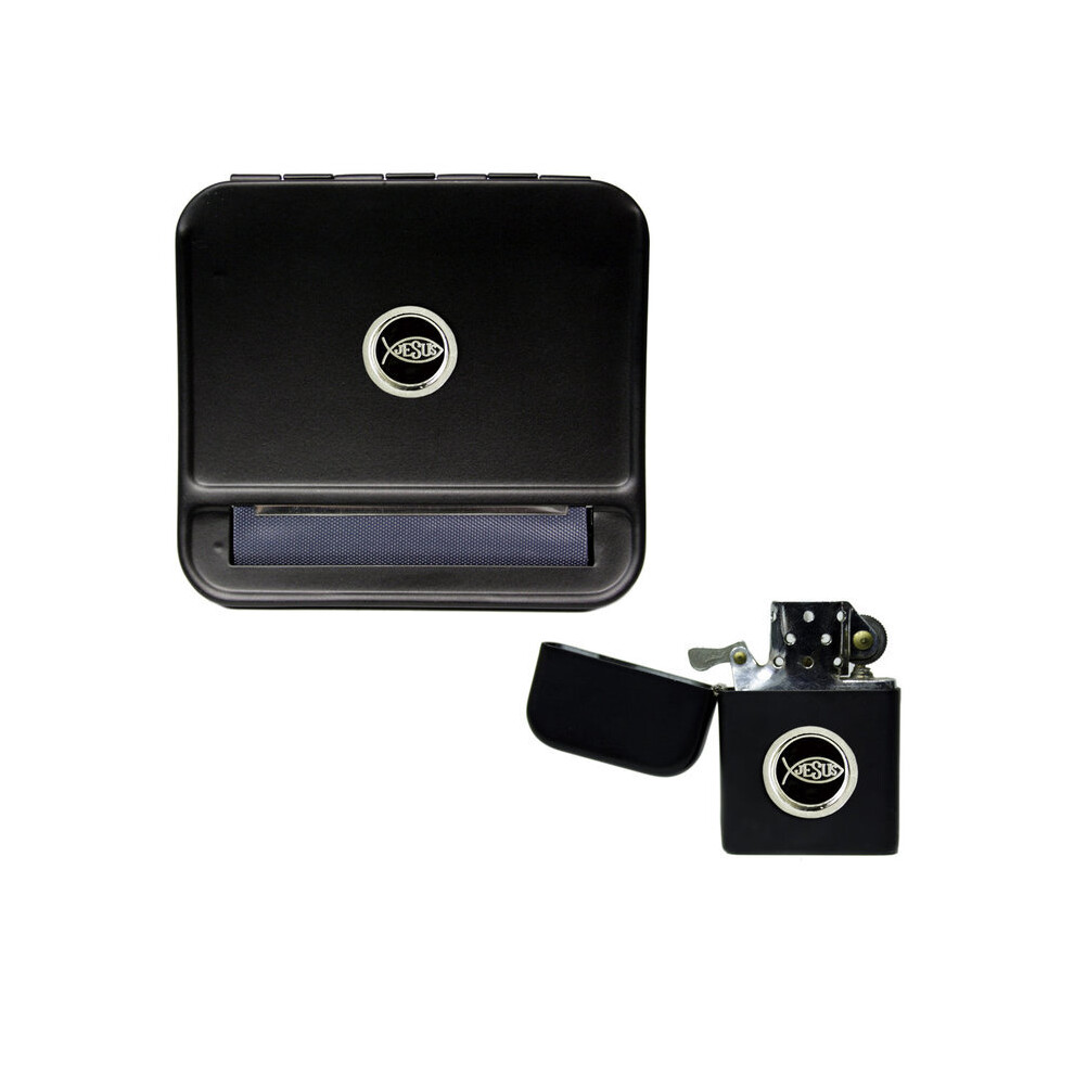 Knight Black Ichthus Cigarette Rolling Machine And Stormproof Petrol Lighter