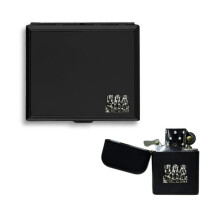 Three wise monkeys matte black cigarette case and stormproof petrol lighter