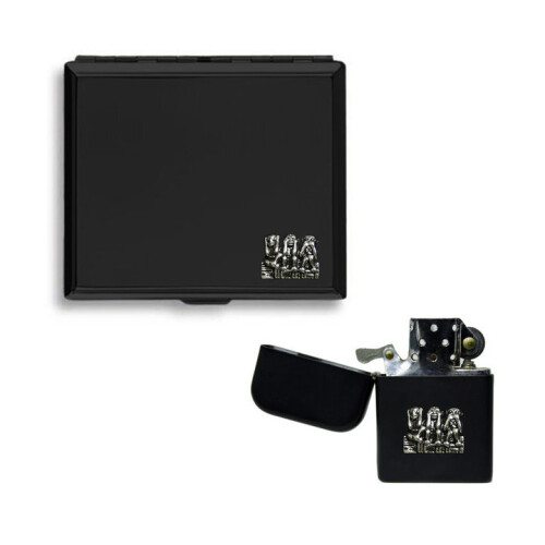 Three wise monkeys matte black cigarette case and stormproof petrol lighter