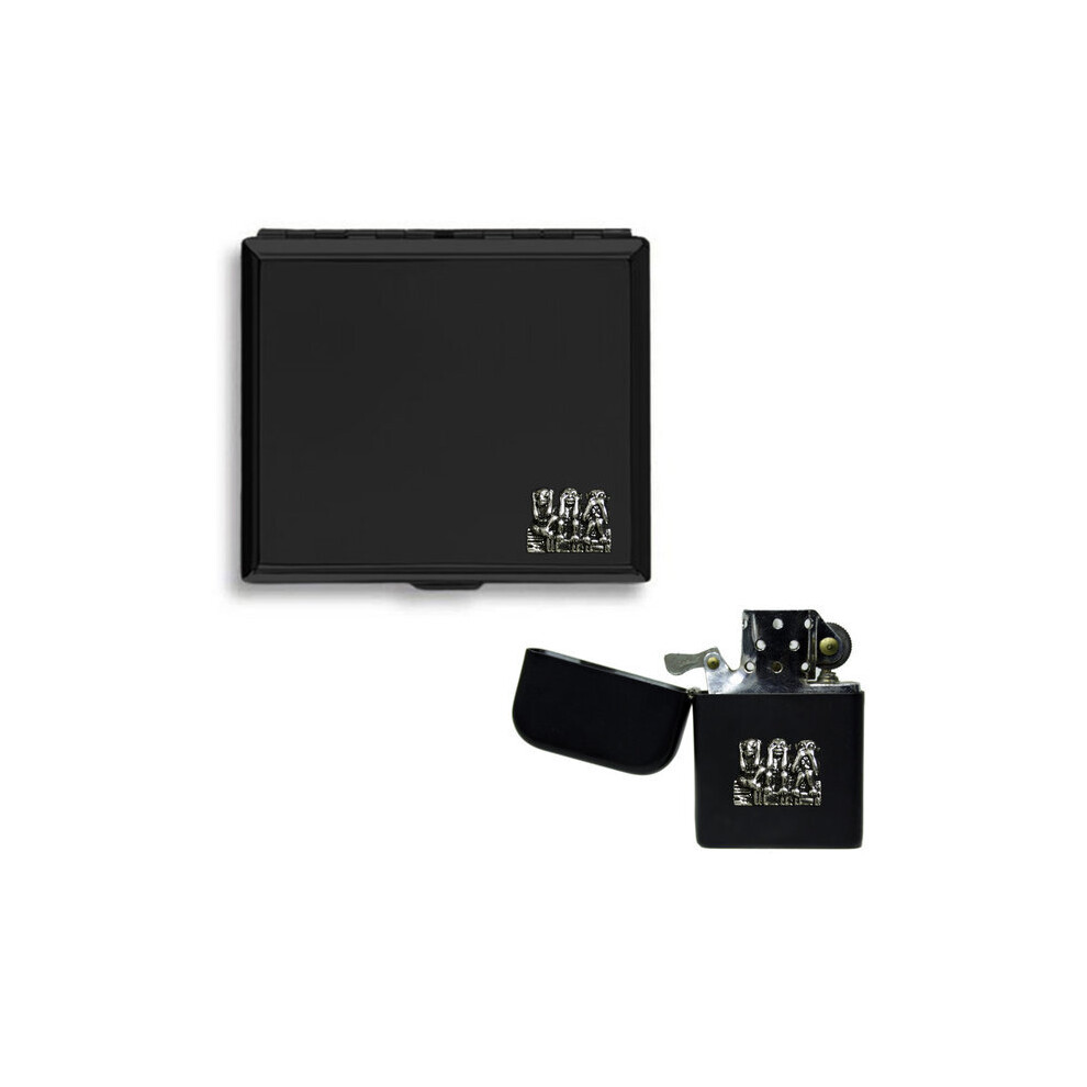 Knight Black Three Wise Monkeys Matte Cigarette Case And Stormproof Petrol Lighter