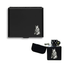 Giant panda matte black cigarette case and stormproof petrol lighter