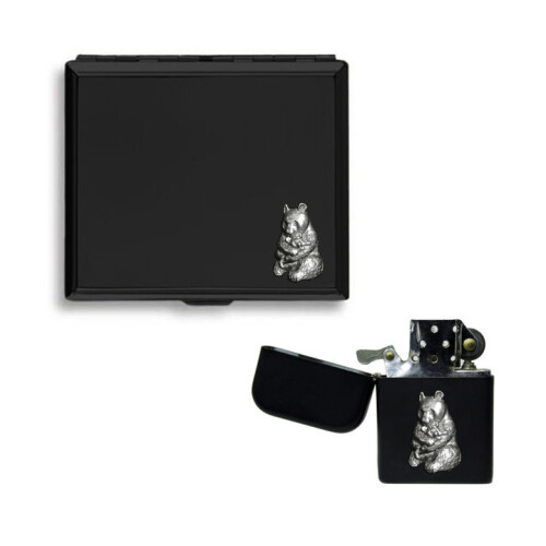 Giant panda matte black cigarette case and stormproof petrol lighter