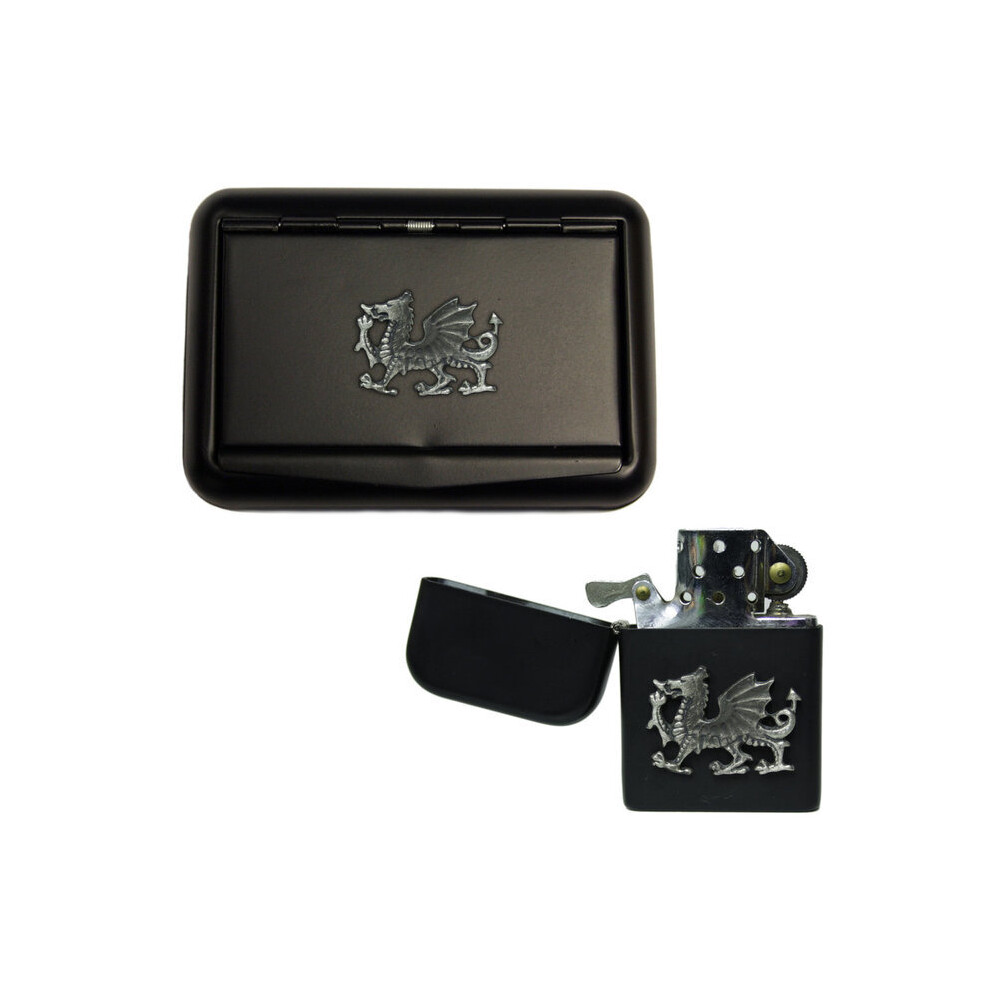 Knight Black Welsh Dragon Matte Tobacco Tin And Stormproof Petrol Lighter