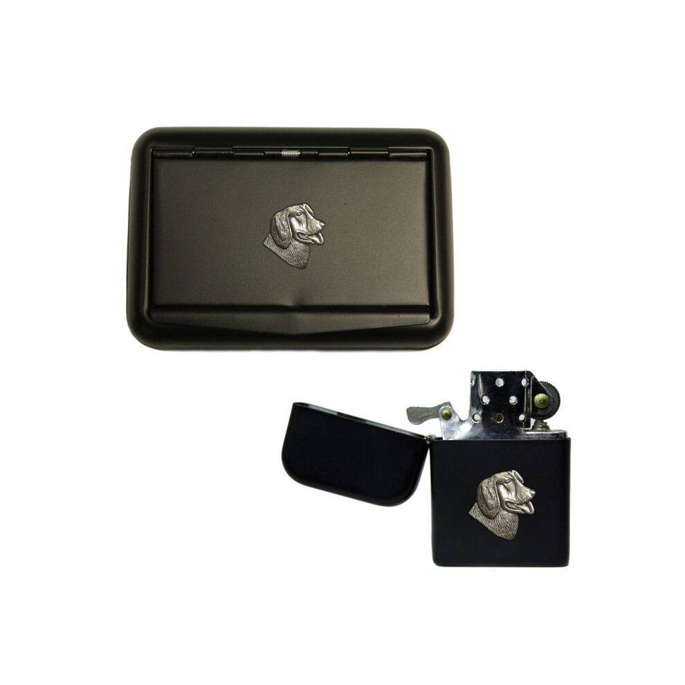 Knight Golden/Black Retriever Dog Matte Tobacco Tin And Stormproof Petrol Lighter