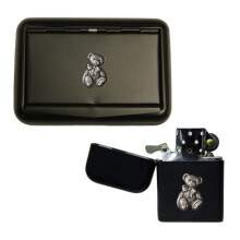 Teddy bear matte black tobacco tin and stormproof petrol lighter