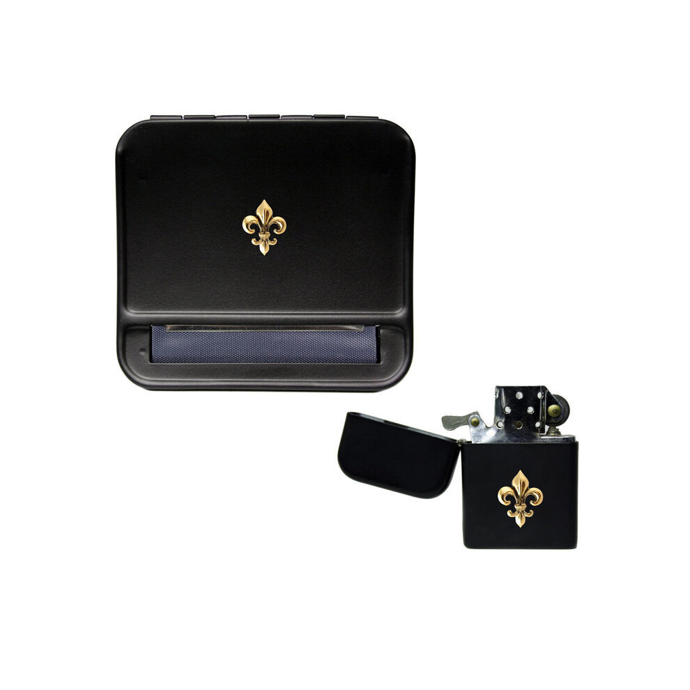 Knight Black/Gold Fleur De Lis Cigarette Rolling Machine And Stormproof Petrol Lighter