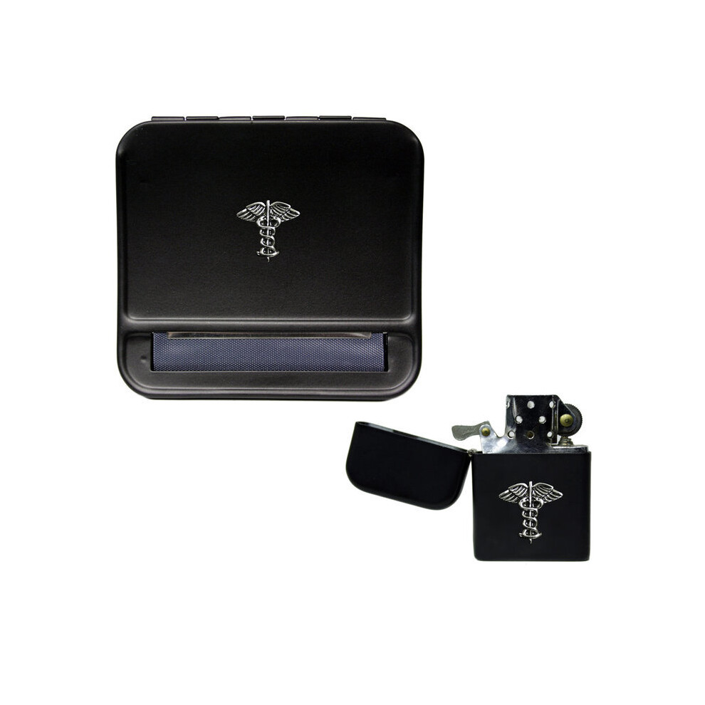 Knight Black Caduceus Medical Symbol Cigarette Rolling Machine And Stormproof Petrol Lighter