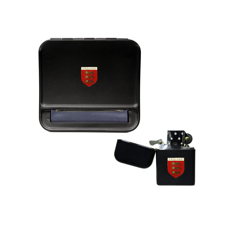 Knight Black England 3 Lions Cigarette Rolling Machine And Stormproof Petrol Lighter