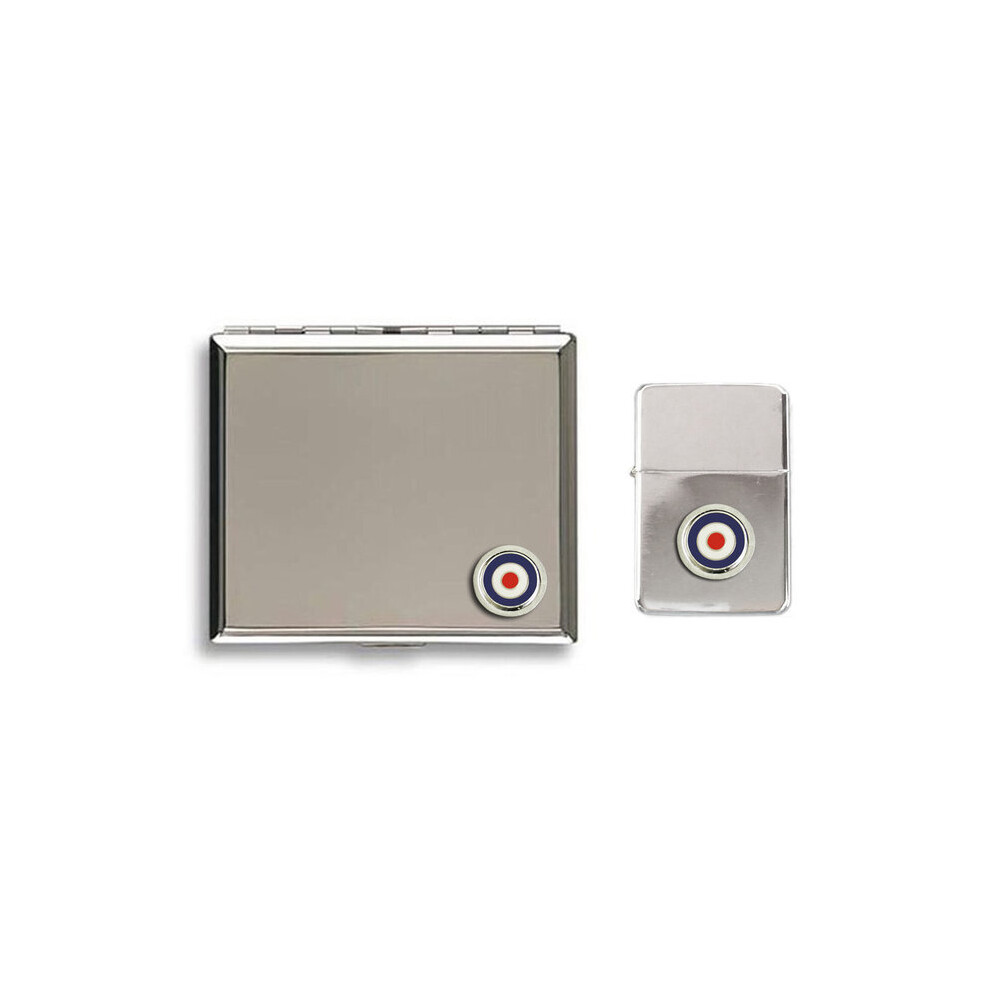 Knight Raf Roundel Polished Chrome Cigarette Case And Stormproof Petrol Lighter