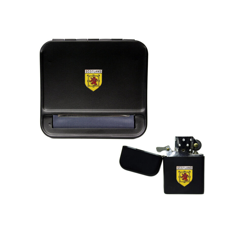 Knight Black Scotland Rampant Lion Cigarette Rolling Machine And Stormproof Petrol Lighter