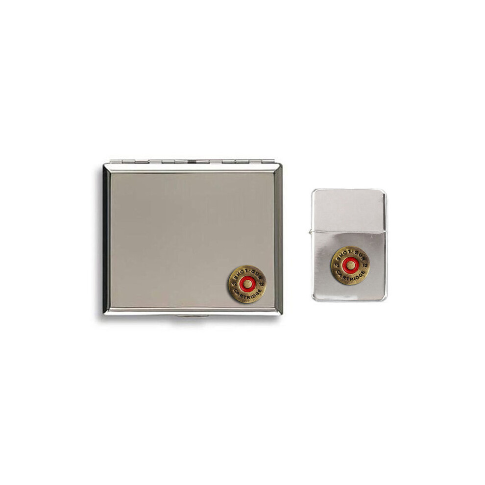 Knight Shotgun Cartridge Polished Chrome Cigarette Case And Stormproof Petrol Lighter