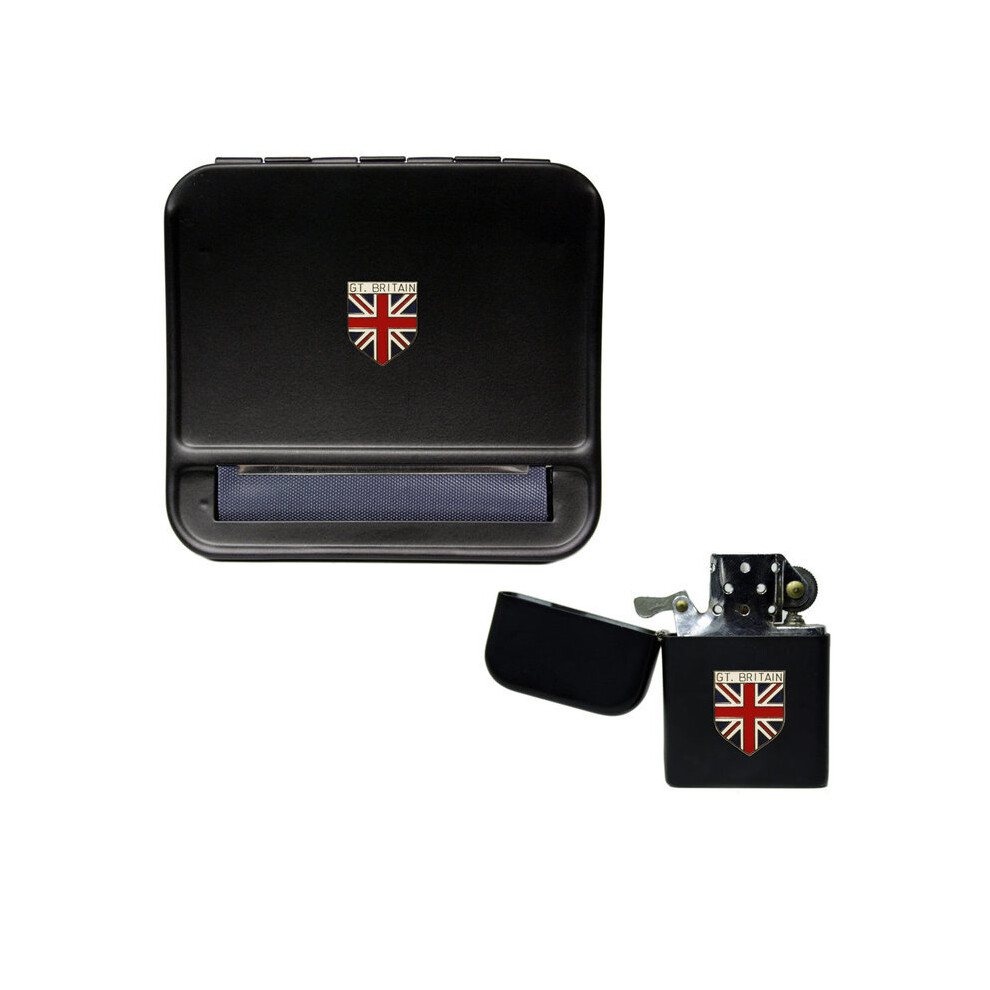 Knight Black Great Britain Union Jack Cigarette Rolling Machine And Stormproof Petrol Lighter