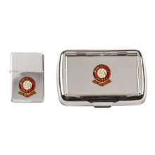 Manchester United football club polished chrome tobacco tin and stormproof petrol lighter