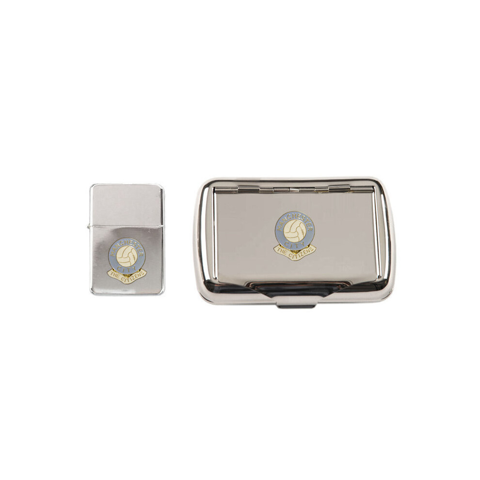Knight Manchester City Football Club Polished Chrome Tobacco Tin And Stormproof Petrol Lighter