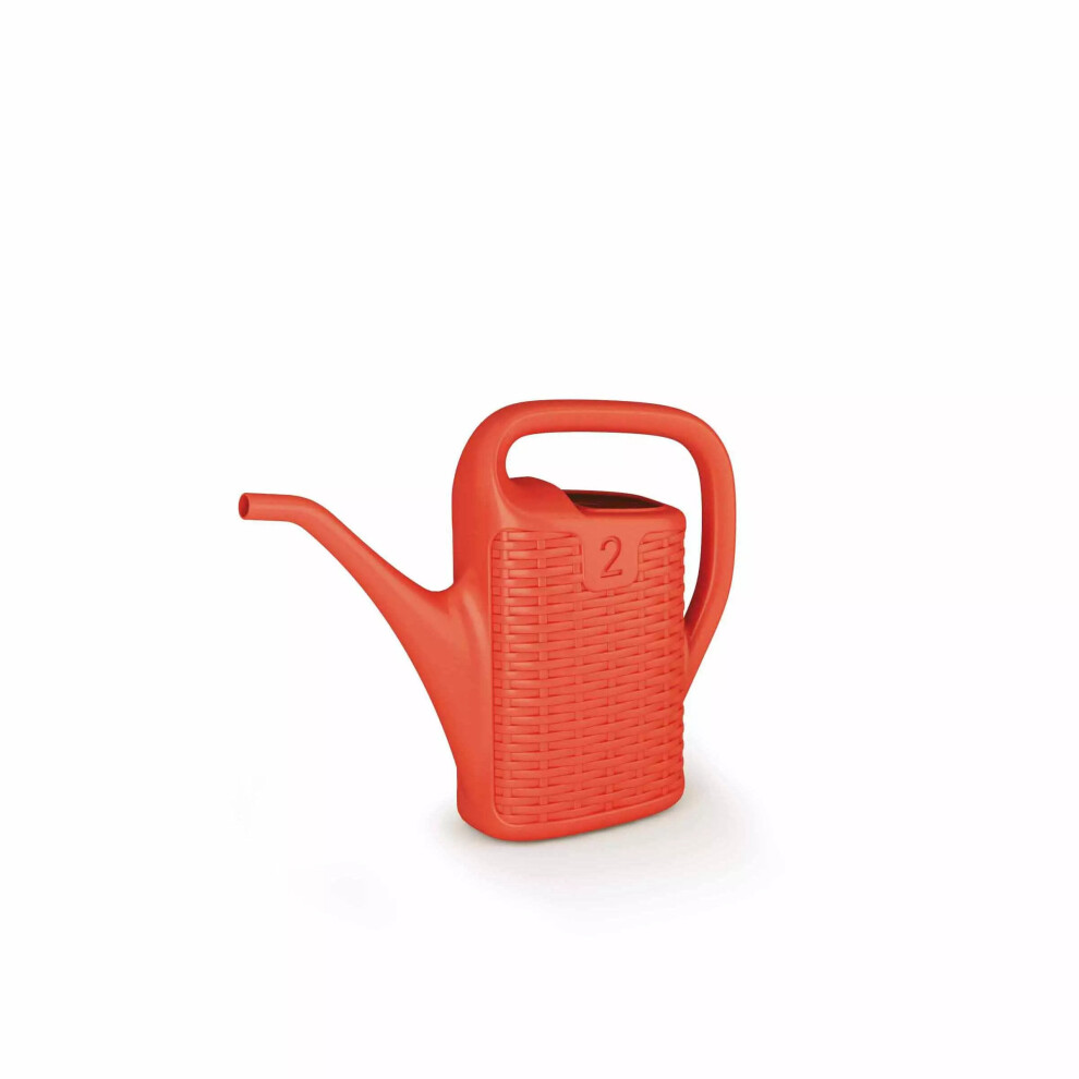 (Coral Red, 2 Litre) Plastic Rattan Watering Can Garden