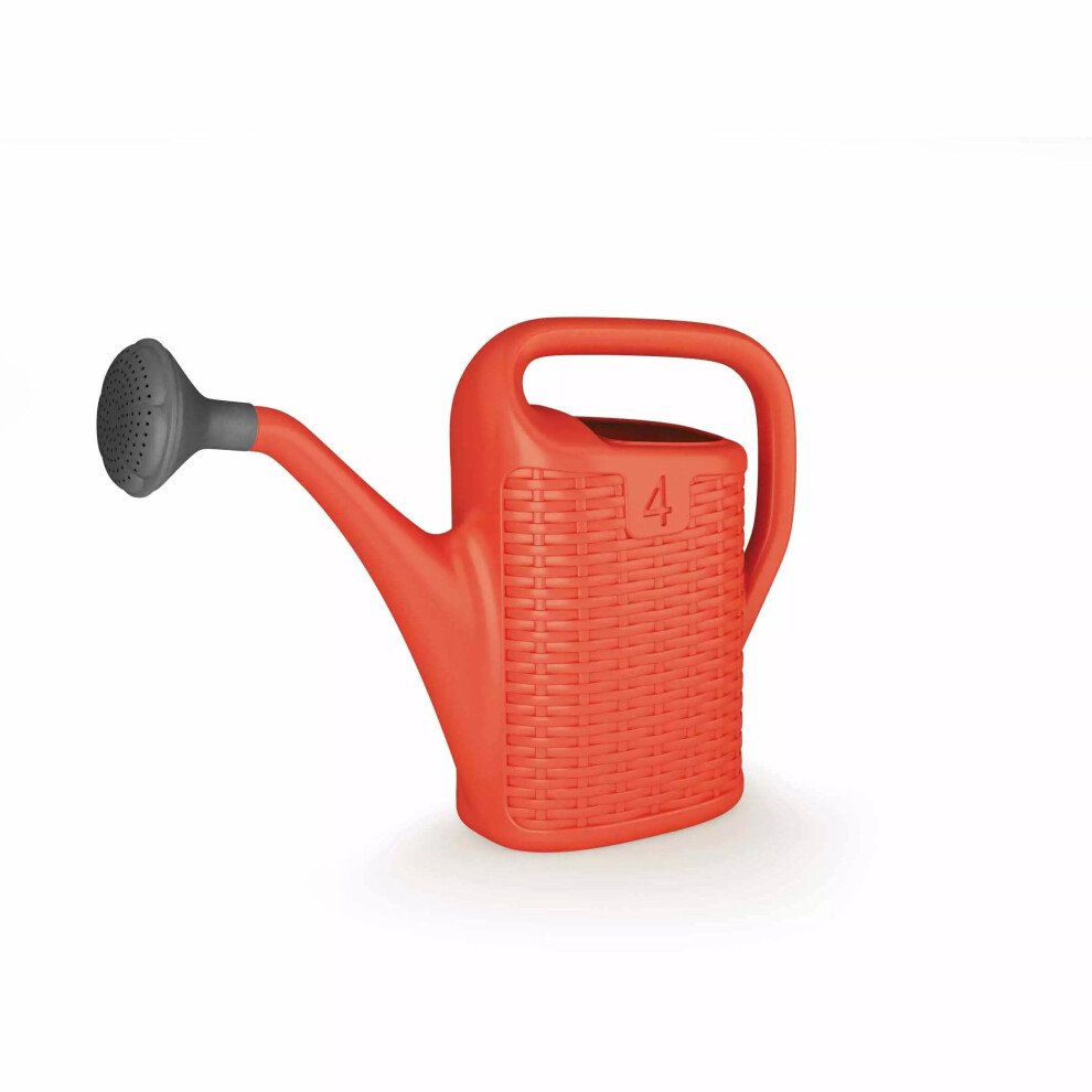 (Coral Red, 4 Litre) Plastic Rattan Watering Can Garden