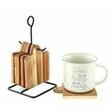 Set of 6 Wooden Hanging Coasters With Black Metal Wire Rack Hook
