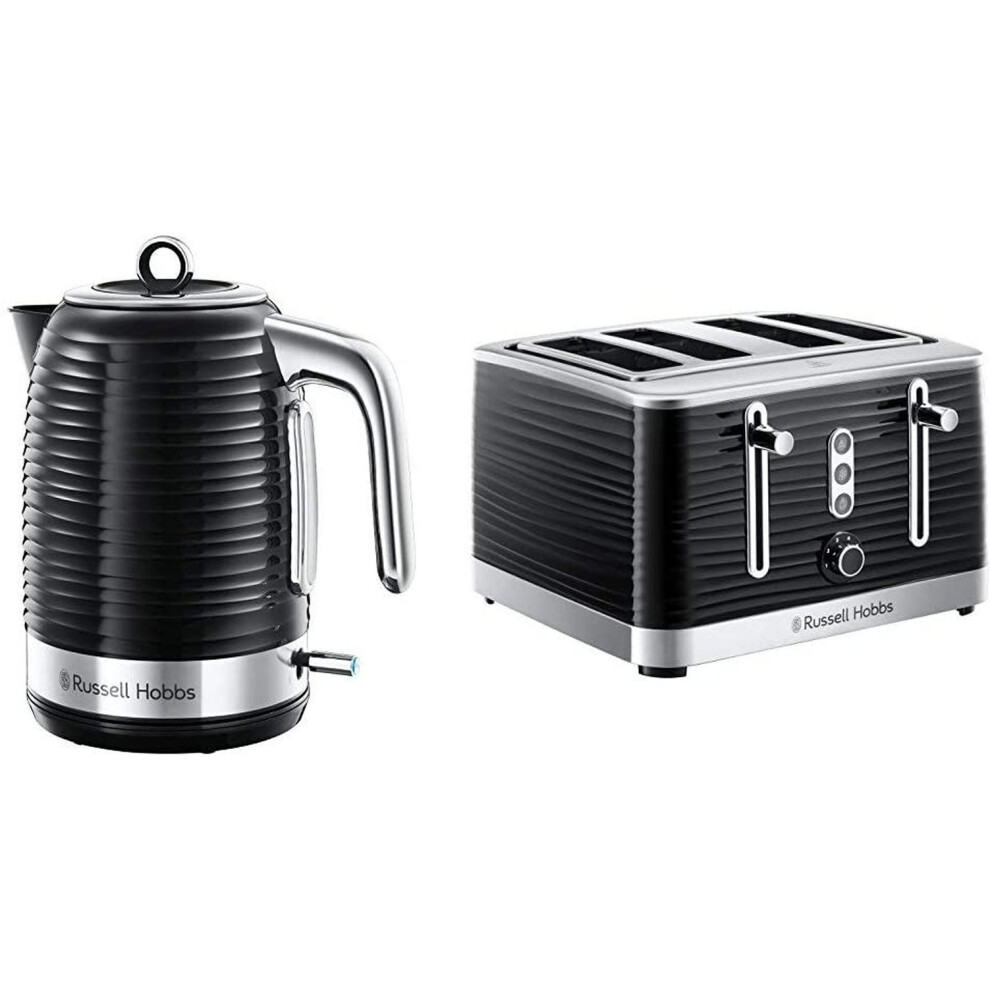 (Black, Kettle and 4 Slice Toaster) Russell Hobbs 24361 Inspire Electric Fast Boil Kettle, 3000 W, 1.7 Litre, Black with Chrome Accents