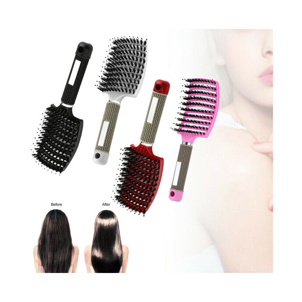 (Black) Women Bristle Nylon Hairbrush Scalp Massage Comb Detangle Hair Brush Salon Tool