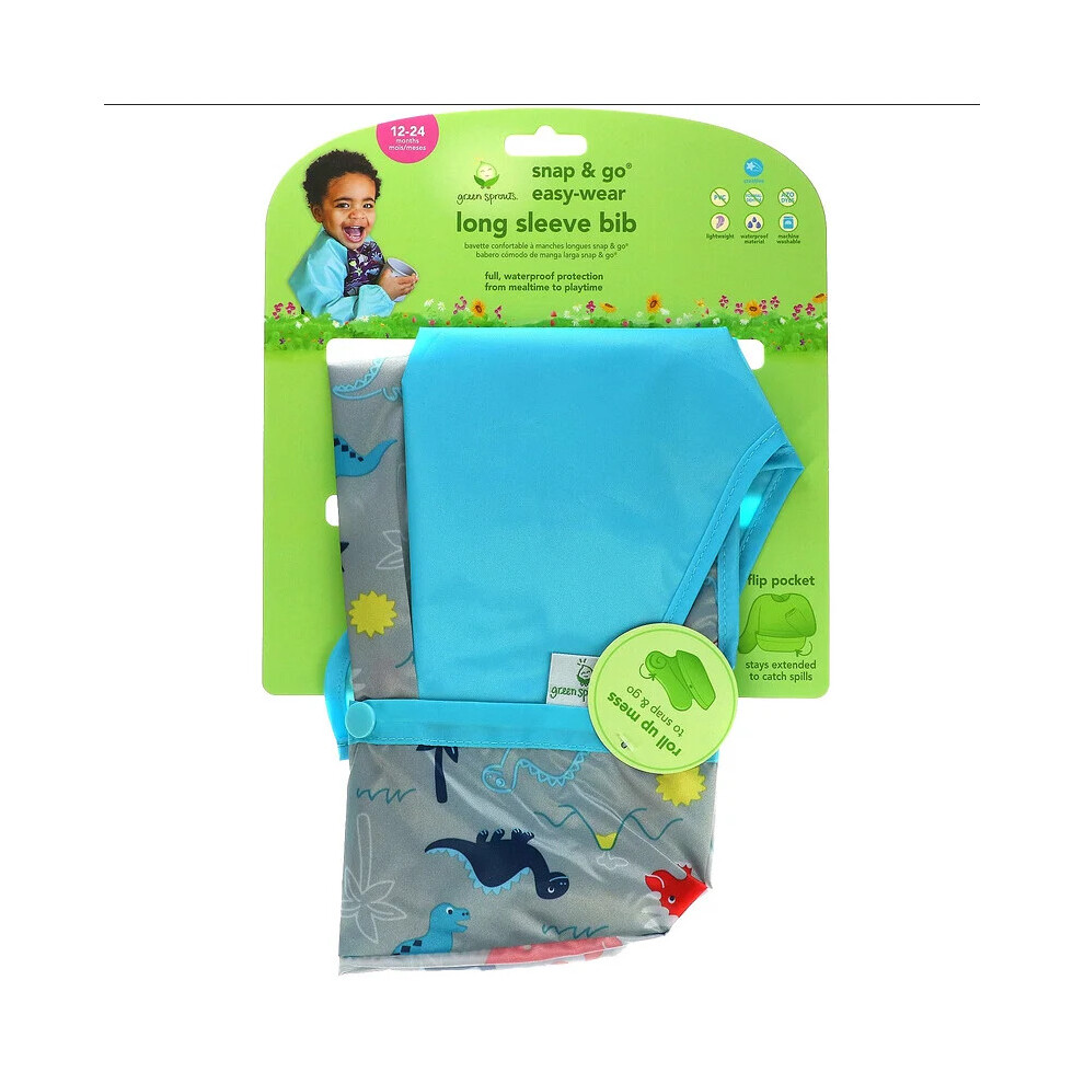 Sprouts, Snap & Go Easy Wear Long Sleeve Bib, Aqua Dinosaur, 1 Count Green Green Sprouts