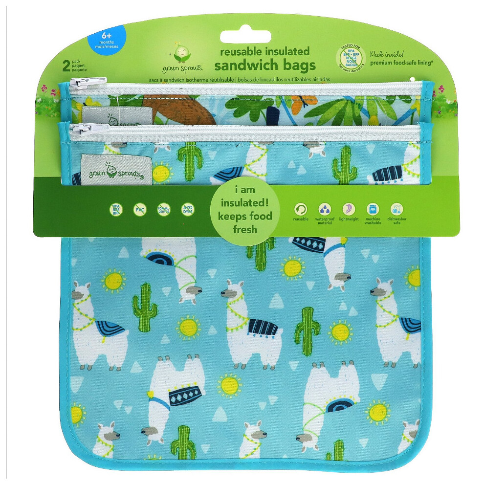 Sprouts, Reusable Insulated Sandwich Bags, 6+ Months, Aqua Llamas, 2 Pack Green Green Sprouts